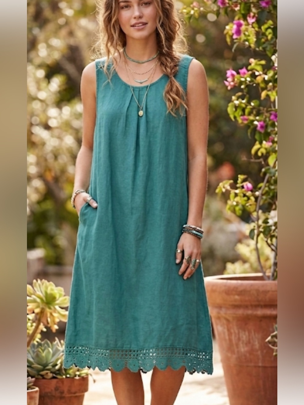 Terri Millennio Teal Sleeveless Midi Shift Dress Lace Hem Italian Linen | Sz M